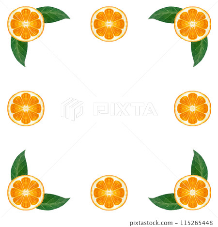 Orange fruit, mandarine slice with green leafs watercolor frame isolated on white. High quality hand drawn art for food design, packages, restaurant menu, natural organic food, cards, logo and decor 115265448