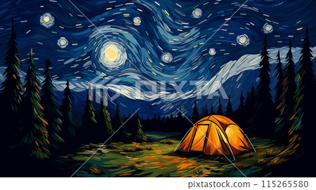 Hand drawn cartoon beautiful impressionist artistic night outdoor camping tent illustration 115265580