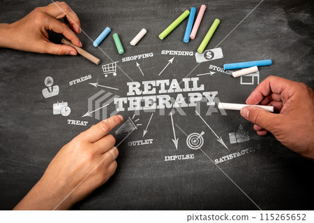 RETAIL THERAPY. Illustration with icons, arrows and keywords on a black chalkboard background 115265652