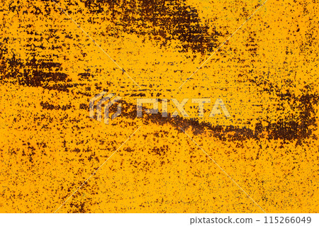 Orande rusty abstract painted metal background. Yellow texture of old plate with brown rust 115266049