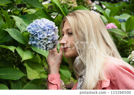 Portrait of a blonde woman smelling hydrangea Portrait of a blonde woman smelling hydrangea 115266500
