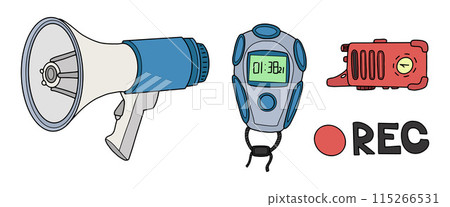 Illustration of a megaphone, stopwatch, recording device, and "REC" text in vibrant colors. Illustration of a megaphone, stopwatch, recording device, and "REC" text in vibrant colors. 115266531