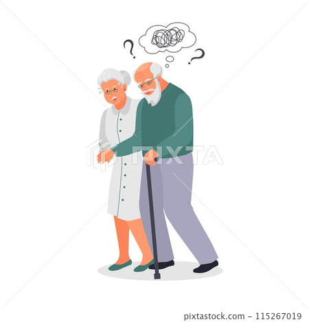 Old man suffer from dementia loss memory. Woman supports confused senior male struggle with Alzheimer disease. Elderly healthcare and medicine concept. Flat vector illustration. 115267019
