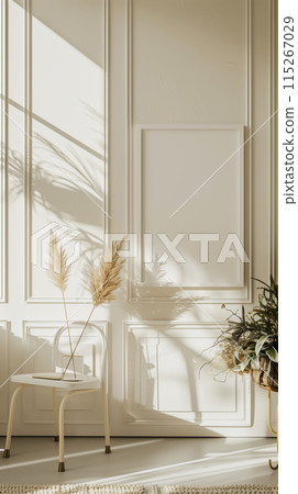 Vertical mockup of blank canvas or picture frame for vertical poster in white minimalistic interior. Empty Livingroom for exhibition. With warm sunny light. 115267029