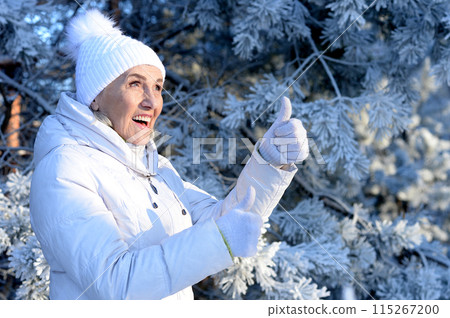 Beautiful elderly woman posing in a snowy winter park Beautiful elderly woman posing in a snowy winter park 115267200