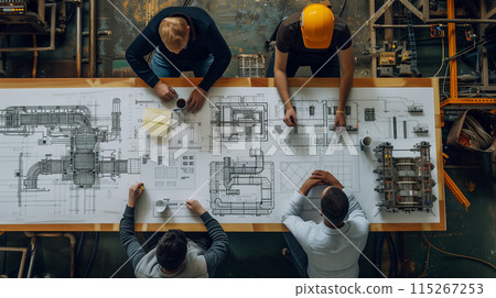 People Sit at a Table with Drawings of a Production Plan 115267253