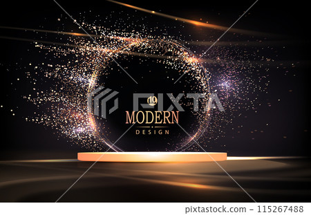 Abstract composition with golden frame with tinsel and podium on black background 115267488