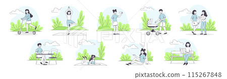 People Character Walking in the Park Outline Vector Set 115267848