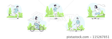 People Character Walking in the Park Outline Vector Set 115267851
