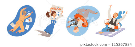 People Character in Office Clothes Drowning Trying to Escape Vector Set 115267884