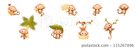 Funny Brown Monkey with Prehensile Tail Enjoying Different Activity Vector Set Funny Brown Monkey with Prehensile Tail Enjoying Different Activity Vector Set 115267896