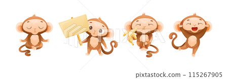 Funny Brown Monkey with Prehensile Tail Enjoying Different Activity Vector Set 115267905