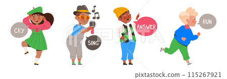 Little Boy and Girl Learning English Word Vector Illustration Set 115267921