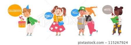 Little Boy and Girl Learning English Word Vector Illustration Set 115267924