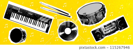 Piano, drums, vinyl record and music player against bright yellow background. Contemporary art collage. 115267946