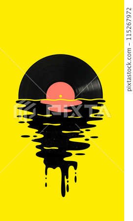 Vinyl Sunset. Vinyl record player in image of sun with water reflection. Yellow background, Relaxing sounds. Contemporary art collage. Vinyl Sunset. Vinyl record player in image of sun with water reflection. Yellow background, Relaxing sounds. Contemporary art collage. 115267972