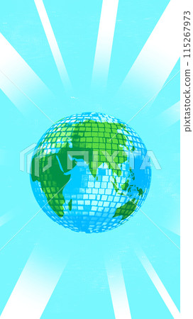 Worldwide music. Disco ball in image of globe against blue background. Unity and togetherness. Contemporary art collage. 115267973