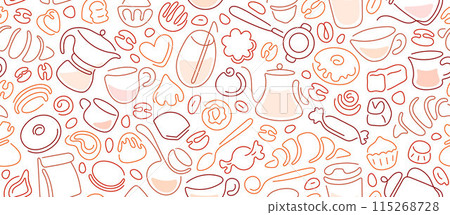 Coffee, tea, sweet dessert. Teapots, cups, cookies Coffee, tea, sweet dessert. Teapots, cups, cookies 115268728