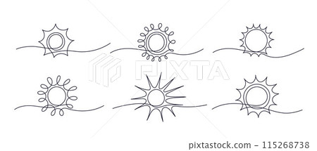 Sun one continuous line art set. Vector light rays 115268738