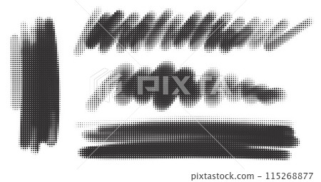 Halftone noisy gradient paint brush stroke. Dotted vector blobs. Abstract grunge elements isolated on white background. 115268877