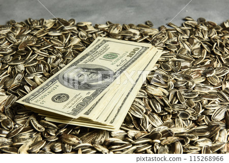 Dollars banknotes and sunflower seeds, oleaginous Commodity value concept. Dollars banknotes and sunflower seeds, oleaginous Commodity value concept. 115268966