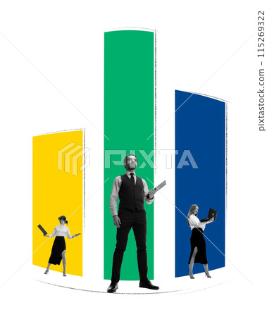 Stepping Up to Success. Three people, professionals standing near colorful bar with heights symbolize their career progression. Contemporary art collage. 115269322