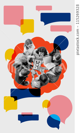 Colleagues meeting for discussion of strategies and analytical documents. Collective brainstorming. Contemporary art collage. 115269328