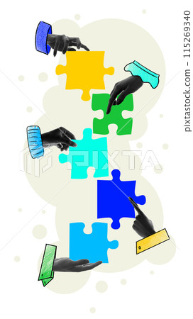 Synergy at Work. Hands of workers connecting colorful puzzles, symbolizing coordinated work an assistance. Contemporary art collage. Synergy at Work. Hands of workers connecting colorful puzzles, symbolizing coordinated work an assistance. Contemporary art collage. 115269340