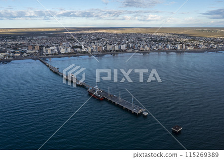 Puerto Madryn City, entrance portal to the Peninsula Valdes natural reserve, World Heritage Site, Patagonia, Argentina. 115269389