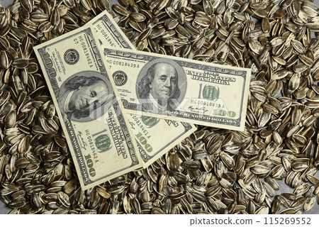 Dollars banknotes and sunflower seeds, oleaginous Commodity value concept. Dollars banknotes and sunflower seeds, oleaginous Commodity value concept. 115269552