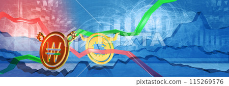 semiconductor price growth in won. expensive cost of consumer electronics in korea concept. 3D illustration of bullish microchip market trend due to chip shortage 115269576