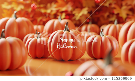 Happy Halloween Banner with Pumpkins and Autumn Leaves. Perfect for Festive Holiday Celebrations Happy Halloween Banner with Pumpkins and Autumn Leaves. Perfect for Festive Holiday Celebrations 115269909