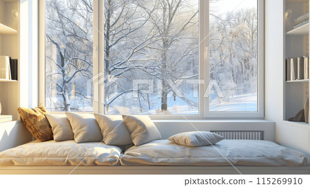 Bright Reading Nook with Cushions and Snowy Trees Outside Window. Ideal for Winter Comfort and Relaxation. Bright Reading Nook with Cushions and Snowy Trees Outside Window. Ideal for Winter Comfort and Relaxation. 115269910