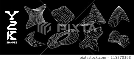 Set of 3D wireframe shapes in brutalism style. Fluid geometric grid objects, and design elements 115270398