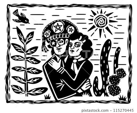 Lampiao and Maria Bonita. Bandits, folk heroes of Brazil. Brazilian cordel style. Northeast woodcut style 115270445