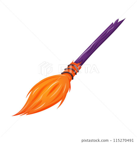 Halloween witch broom in cartoon style. Broomstick icon. Magic wooden besom for decoration and design. Vector illustration isolated on a white background. 115270491