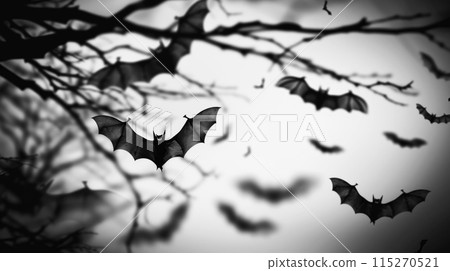 Black Bats Flying Among Tree Branches. Spooky Halloween Background in Black and White 115270521