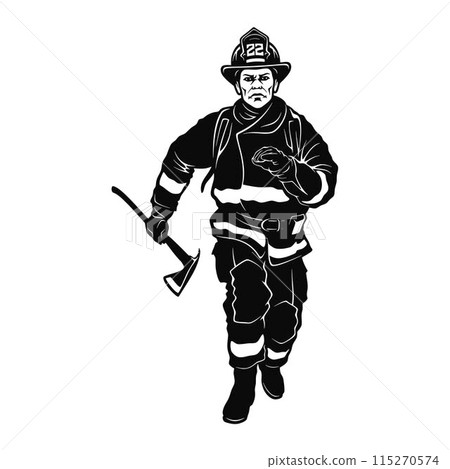 Fireman, firefighter stencil. Firefighter black icon on white background Fireman, firefighter stencil. Firefighter black icon on white background 115270574
