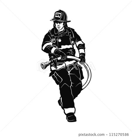 Fireman, firefighter stencil. Firefighter black icon on white background Fireman, firefighter stencil. Firefighter black icon on white background 115270586