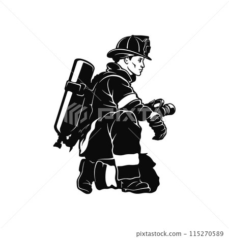 Fireman, firefighter stencil. Firefighter black icon on white background Fireman, firefighter stencil. Firefighter black icon on white background 115270589