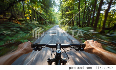 Riding a Bicycle Down a Tree Lined Country Road in Summer. POV photo, first person perspective 115270602