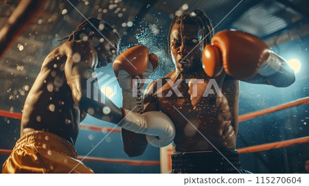 Intense scene in a boxing ring with two black athletes engaged in match. Dynamic movement of boxers 115270604