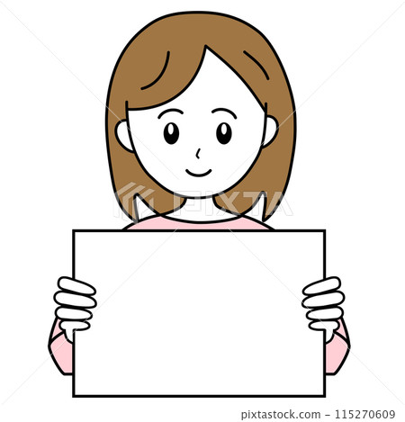 Simple line drawing illustration of a young woman holding a panel and explaining the points Simple line drawing illustration of a young woman holding a panel and explaining the points 115270609