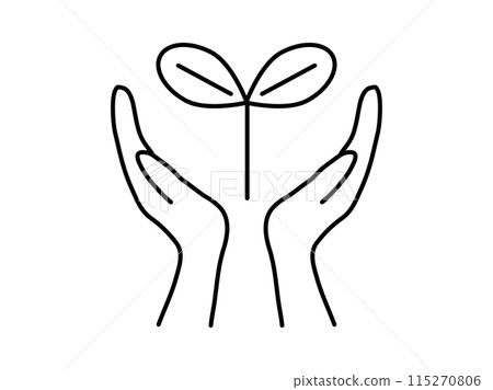 Illustration of two leaves surrounded by both hands_Monochrome 115270806