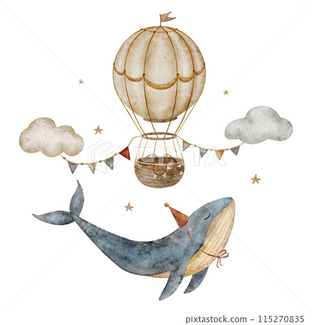 Vintage whale blue, balloon in clouds, stars watercolor isolated illustration for baby room poster, nursery decor 115270835