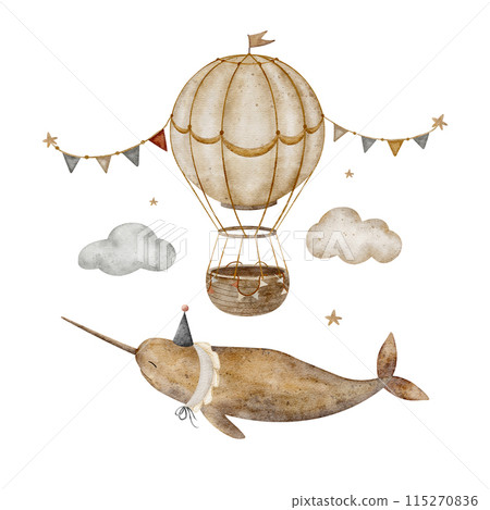 Whale narwhal vintage flying in sky with air balloon, clouds watercolor illustration for baby room poster, nursery decor Whale narwhal vintage flying in sky with air balloon, clouds watercolor illustration for baby room poster, nursery decor 115270836