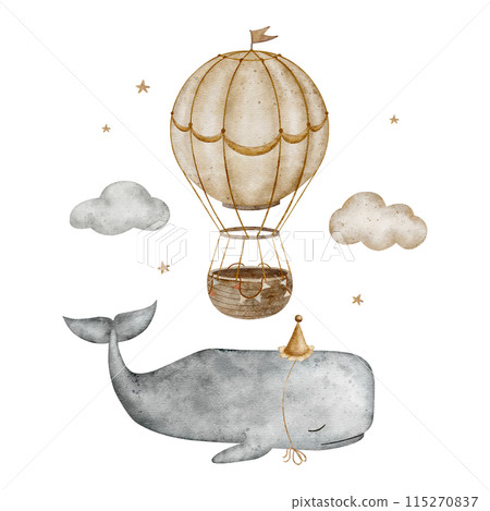 Sperm whale, cachalot vintage in sky with air balloon, clouds watercolor illustration for baby room poster nursery decor 115270837