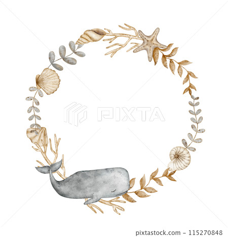 Wreath made of shells, twigs, with a starfish and a whale sperm whale in vintage style. Frame of watercolor illustrations for children's greeting cards, posters, clothes, dishes, packaging Wreath made of shells, twigs, with a starfish and a whale sperm whale in vintage style. Frame of watercolor illustrations for children's greeting cards, posters, clothes, dishes, packaging 115270848