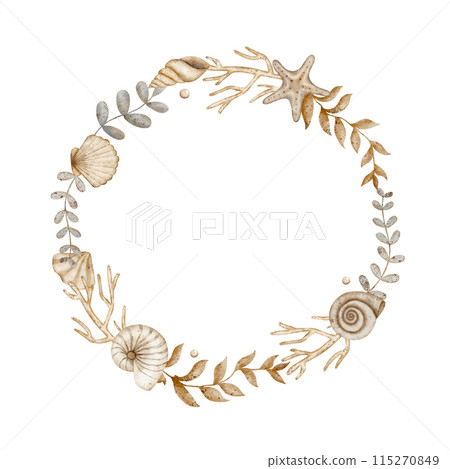 Wreath of shells, branches, starfish, seaweed, corals in watercolor style. Illustration for greeting cards, tableware, packaging, printing Wreath of shells, branches, starfish, seaweed, corals in watercolor style. Illustration for greeting cards, tableware, packaging, printing 115270849