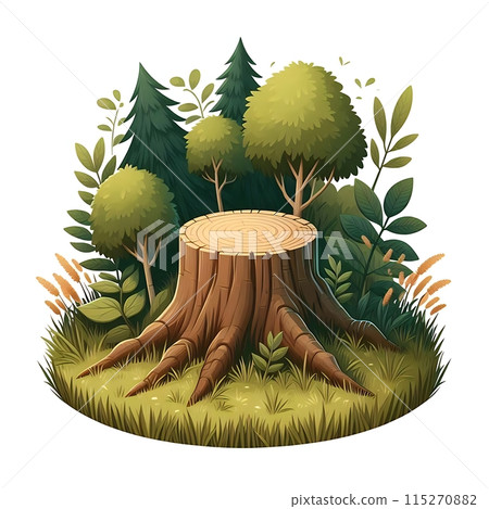 Isolated illustration of a large tree stump surrounded by trees on a white background. Perfect for nature and environmental projects Isolated illustration of a large tree stump surrounded by trees on a white background. Perfect for nature and environmental projects 115270882